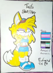 Size: 2555x3521 | Tagged: safe, artist:eduarth, miles "tails" prower, 2024, ace, alternate universe, aromantic, aromantic pride, asexual pride, au:the curse, blue shoes, character name, clothes, crop top, frown, goggles, hand on hip, looking offscreen, shorts, signature, solo, standing, traditional media, trans female, trans pride, transgender