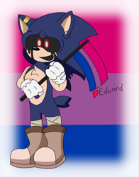 Size: 1107x1411 | Tagged: safe, artist:eduarth, oc, oc:sonic.exe, 2023, alternate universe, au:the curse, bandage, bisexual, bisexual pride, black blood, black sclera, bleeding, bleeding from eyes, boots, ear piercing, earring, flag, gradient background, looking offscreen, mouth open, pride, pride flag, pride flag background, signature, smile, solo, standing, trans male, transgender