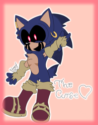 Size: 1245x1600 | Tagged: safe, artist:eduarth, oc, oc:sonic.exe, 2023, alternate universe, au:the curse, black blood, black sclera, bleeding, bleeding from eyes, boots, border, chest fluff, cute, ear piercing, earring, english text, heart, mouth open, pink background, signature, simple background, smile, solo, standing on one leg, top surgery scars, torn gloves, trans male, transgender, v sign