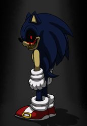 Size: 1342x1949 | Tagged: safe, artist:theteacherspet, oc, oc:sonic.exe, 2023, black sclera, bleeding, bleeding from eyes, blood, clenched teeth, creepy, glowing eyes, gradient background, looking at viewer, shadow (lighting), sharp teeth, smile, solo, standing