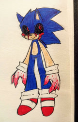 Size: 1280x1984 | Tagged: safe, artist:shadowedluminescence, oc, oc:sonic.exe, 2024, adorascary, black sclera, bleeding, bleeding from eyes, blood, blood stain, cute, looking offscreen, solo, traditional media