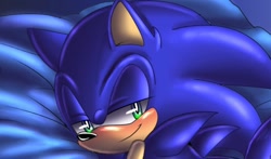 Size: 808x475 | Tagged: suggestive, artist:angelofhapiness, sonic the hedgehog, 2016, bed, blushing, lidded eyes, looking at viewer, looking back, looking back at viewer, lying on front, smile, solo, stupid sexy sonic