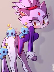 Size: 3000x4000 | Tagged: safe, artist:crossxvii, blaze the cat, chao, annoyed, bending over, neutral chao