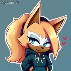 Size: 2048x2048 | Tagged: safe, ai art, artist:mobians.ai, whisper the wolf, 2024, alternate outfit, blue background, cute, hands in pocket, heart, hoodie, looking offscreen, outline, prompter:triplettailedfox, simple background, smile, solo, standing