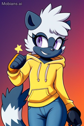 Size: 512x768 | Tagged: safe, ai art, artist:mobians.ai, tangle the lemur, 2024, alternate outfit, clenched fists, fingerless gloves, gradient background, hoodie, jeans, looking at viewer, smile, solo, standing, star (symbol)