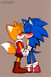 Size: 512x768 | Tagged: safe, ai art, artist:mobians.ai, miles "tails" prower, sonic the hedgehog, 2024, alternate outfit, beige background, blushing, boots, clothes, cute, duo, femboy, gay, holding hands, hoodie, kiss on cheek, shipping, simple background, skirt, smile, sonic x tails, standing