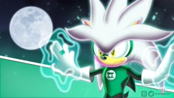 Size: 4096x2304 | Tagged: safe, artist:samaradraws, silver the hedgehog, sonic x dc, cosplay, crossover, dc comics, green lantern, moon, psychokinesis, ring (jewelry), solo