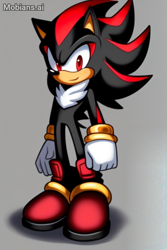 Size: 512x768 | Tagged: safe, ai art, artist:mobians.ai, shadow the hedgehog, 2024, alternate shoes, clenched fist, grey background, looking at viewer, shadow (lighting), simple background, smile, solo, standing