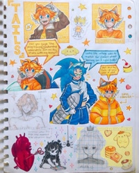 Size: 1080x1349 | Tagged: safe, artist:professional simp, miles "tails" prower, sonic the hedgehog, human, 2023, character name, coat, english text, extreme gear, group, hands in pocket, humanized, pompompurin, sanrio, snapcube, sonic riders, speech bubble, star (symbol), traditional media