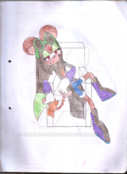 Size: 400x550 | Tagged: safe, artist:thunder-the-mouse, oc, oc:thunder dark the hedgemouse, mouse, belt, boots, brown fur, female, fingerless gloves, glasses, glasses on head, jacket, red eyes, shirt, shorts, sunglasses, traditional media