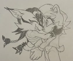 Size: 3021x2498 | Tagged: safe, artist:southernhornets, nicole the hololynx, sally acorn, 2023, blushing, crying, cute, duo, eyebrow clipping through hair, eyes closed, hands on another's face, holding each other, lesbian, line art, looking at them, mouth open, nicabetes, nicole x sally, pencilwork, sallabetes, shipping, sketch, smile, standing, tears, tears of happiness, traditional media