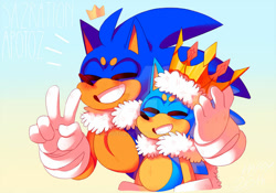 Size: 800x560 | Tagged: safe, artist:apotoz, sonic the hedgehog, 2017, anniversary, beanbrows, blushing, bust, cape, classic sonic, crown, deviantart watermark, duo, eyes closed, gradient background, obtrusive watermark, self paradox, smile, v sign, watermark