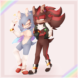 Size: 5200x5200 | Tagged: safe, artist:piowasthere, shadow the hedgehog, sonic the hedgehog, 2023, alternate outfit, arm fluff, arms folded, bisexual, bisexual pride, blushing, border, cape, chest fluff, choker, clothes, crotch fluff, duo, ear fluff, ear piercing, earring, eyes closed, fingerless gloves, fluffy, gay, jacket, lidded eyes, looking at them, nonbinary, nonbinary pride, pansexual, pansexual pride, pride, rainbow, shadow x sonic, shipping, smile, sparkles, stockings, top surgery scars, trans male, trans pride, transgender, walking