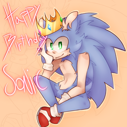 Size: 5200x5200 | Tagged: safe, artist:piowasthere, sonic the hedgehog, 2023, abstract background, arm fluff, birthday, cheek fluff, chest fluff, crotch fluff, crown, ear fluff, english text, fluffy, head rest, looking at viewer, outline, shoulder fluff, sitting, smile, solo, top surgery scars, trans male, transgender