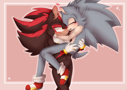 Size: 6879x4880 | Tagged: safe, artist:piowasthere, shadow the hedgehog, sonic the hedgehog, 2023, abstract background, border, carrying them, cheek fluff, chest fluff, cute, duo, ear fluff, eyes closed, fluffy, gay, heart, holding each other, hugging, looking at them, outline, shadow x sonic, shipping, shoulder fluff, smile, standing, valentine's day, walking