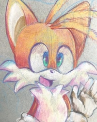 Size: 1024x1280 | Tagged: safe, artist:blynxee, miles "tails" prower, looking offscreen, mouth open, smile, solo, standing, traditional media, waving