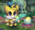Size: 1000x867 | Tagged: safe, artist:blynxee, chao, sonic adventure 2, :>, abstract background, chao egg, chao fruit, chao garden, chaobetes, character chao, crumbs, cute, egg, flower, heart, holding something, juice, looking offscreen, plant, smile, solo, tails chao, water, waterfall