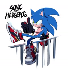 Size: 1452x1514 | Tagged: safe, artist:tsutsuuraurami, sonic the hedgehog, 2018, alternate gloves, alternate outfit, alternate shoes, character name, grin, simple background, smile, solo, thumbs up, white background