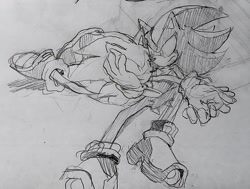 Size: 936x709 | Tagged: safe, artist:tsutsuuraurami, shadow the hedgehog, sonic the hedgehog, 2018, duo, frown, gay, greyscale, holding hands, looking at each other, monochrome, pencilwork, shadow x sonic, shipping, smile, traditional media