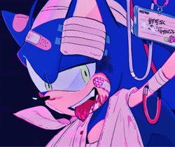 Size: 1275x1069 | Tagged: safe, artist:tsutsuuraurami, sonic the hedgehog, 2018, bandage, bandaid, blood, blood on face, injured, japanese text, solo, tongue out