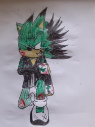 Size: 774x1032 | Tagged: safe, artist:theoneandonlycactus, oc, oc:cactus the hedgehog, hedgehog, fingerless gloves, gloves, green eyes, green fur, jacket, male, one eye closed, shoes, socks, traditional media