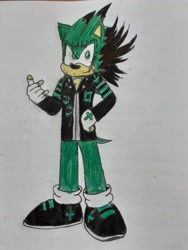 Size: 774x1032 | Tagged: safe, artist:theoneandonlycactus, oc, oc:cactus the hedgehog, hedgehog, fingerless gloves, gloves, green eyes, green fur, jacket, male, shoes, socks, traditional media