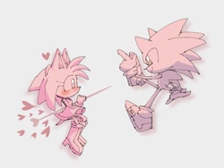 Size: 891x670 | Tagged: safe, amy rose, sonic the hedgehog, amy x sonic, blushing, duo, grey background, heart, monochrome, shipping, simple background, straight