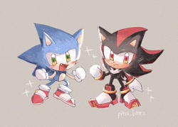 Size: 650x466 | Tagged: safe, artist:pita_b882, shadow the hedgehog, sonic the hedgehog, 2024, chibi, cute, duo, grey background, shadowbetes, simple background, sonabetes