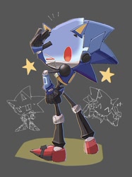 Size: 620x827 | Tagged: safe, artist:pita_b882, chaos sonic, sonic the hedgehog, sonic prime, 2024, duo, grey background, robot, star (symbol), wink