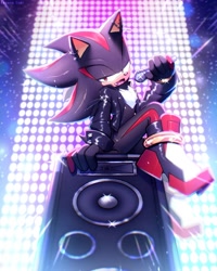 Size: 1080x1350 | Tagged: safe, artist:kazuna_endi, shadow the hedgehog, hedgehog, abstract background, black fur, ear piercing, earring, fingerless gloves, jacket, looking at viewer, male, microphone, red eyes, red fur, shoes, singing, sitting, solo, speaker, tongue peircing