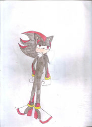 Size: 400x550 | Tagged: safe, artist:thunder-the-mouse, shadow the hedgehog, hedgehog, black fur, gloves, male, red eyes, red fur, shoes, traditional media