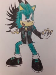 Size: 774x1032 | Tagged: safe, artist:theoneandonlycactus, oc, oc:cactus the hedgehog, hedgehog, fingerless gloves, gloves, green eyes, green fur, jacket, male, shoes, socks, traditional media