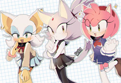 Size: 1400x960 | Tagged: safe, artist:rellyia, amy rose, blaze the cat, rouge the bat, schoolgirl outfit