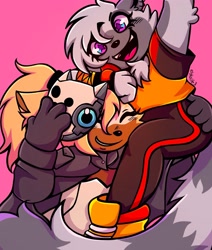 Size: 1734x2048 | Tagged: safe, artist:elykoile3, tangle the lemur, whisper the wolf, arm fluff, carrying them, cute, duo, holding each other, lesbian, looking at viewer, pink background, shipping, signature, simple background, smile, standing, tangabetes, tangle x whisper, whispabetes, white background