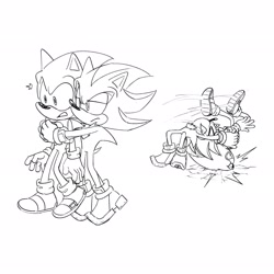 Size: 2048x2048 | Tagged: safe, artist:renae022, shadow the hedgehog, sonic the hedgehog, duo, fail, falling, gay, holding them, line art, shadow x sonic, shipping, simple background, standing, surprised, white background