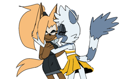 Size: 991x633 | Tagged: safe, artist:qqhoneydew_, tangle the lemur, whisper the wolf, alternate outfit, clothes, dress, duo, eyes closed, hands on another's face, lesbian, shipping, simple background, smile, standing, tangle x whisper, white background