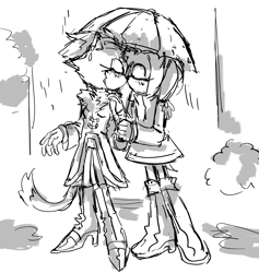 Size: 1944x2048 | Tagged: safe, artist:bombchan, amy rose, blaze the cat, 2024, amy x blaze, blushing, duo, eyes closed, holding something, kiss, lesbian, monochrome, shipping, standing, umbrella