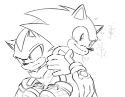 Size: 1488x1159 | Tagged: safe, artist:oqossum-art, shadow the hedgehog, sonic the hedgehog, sonic prime, blushing, carrying them, duo, frown, gay, heart, line art, looking ahead, looking offscreen, shadow x sonic, shipping, simple background, smile, sonic prime s3, sparkles, white background