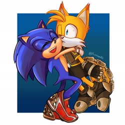 Size: 2048x2048 | Tagged: safe, artist:kuroeali, miles "tails" prower, nine, sonic the hedgehog, sonic prime, 2024, abstract background, duo, eyes closed, frown, hugging, one eye closed, signature, smile, standing