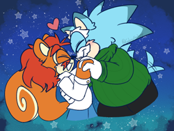 Size: 800x600 | Tagged: safe, artist:galaxysodapop, uncle chuck, 2023, abstract background, alternate universe, au:sonic genesis, blushing, cute, duo, eyes closed, gay, heart, holding each other, holding hands, mouth open, nigel acorn, nigel x uncle chuck, nigelbetes, shipping, signature, smile, star (symbol), uncle chuckabetes, wagging tail