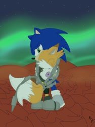 Size: 768x1024 | Tagged: safe, artist:rebieaz, miles "tails" prower, nine, sonic the hedgehog, sonic prime, 2023, abstract background, duo, eyes closed, hugging, looking at them, signature, sonic prime s3