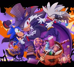 Size: 2200x2000 | Tagged: safe, artist:sath_chocowal, shadow the hedgehog, silver the hedgehog, sonic the hedgehog, candy, halloween, halloween outfit, trio