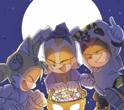 Size: 5475x4862 | Tagged: safe, artist:aira, charmy bee, cream the rabbit, miles "tails" prower, candy, eyes closed, halloween, halloween outfit, happy, moon, nighttime, smile, star (sky), trio