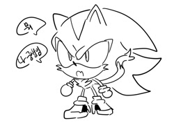 Size: 872x654 | Tagged: safe, artist:tamjeong_sonic, shadow the hedgehog, cat, chibi, greyscale, korean text, monochrome, solo, species swap, speech bubble