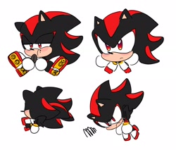 Size: 2048x1744 | Tagged: safe, artist:tamjeong_sonic, shadow the hedgehog, chibi, coffee beans, cute, eating, food, frown, multiple views, shadowbetes, simple background, solo, white background