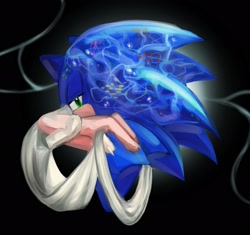 Size: 2048x1928 | Tagged: safe, artist:tamjeong_sonic, sonic the hedgehog, black background, claws, fish, gloves off, simple background, solo, water