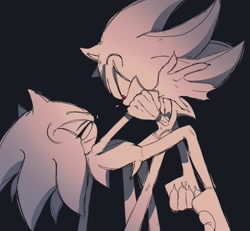 Size: 2048x1893 | Tagged: safe, artist:tamjeong_sonic, shadow the hedgehog, sonic the hedgehog, duo, gay, gloves off, looking at each other, monochrome, shadow x sonic, shipping, spot color