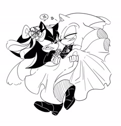 Size: 1974x2048 | Tagged: safe, artist:tamjeong_sonic, shadow the hedgehog, sonic the hedgehog, alternate outfit, bow, carrying them, clenched teeth, crossdressing, dress, duo, gay, greyscale, looking at each other, monochrome, shadow x sonic, shipping, smile, star (symbol), wedding dress