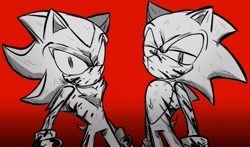 Size: 2048x1205 | Tagged: safe, artist:tamjeong_sonic, shadow the hedgehog, sonic the hedgehog, blood, blood on face, blood splatter, duo, gay, lidded eyes, looking at viewer, monochrome, red background, shadow x sonic, shipping, standing