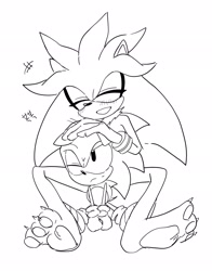 Size: 1602x2048 | Tagged: safe, artist:tamjeong_sonic, silver the hedgehog, sonic the hedgehog, barefoot, blushing, classic sonic, duo, eyes closed, greyscale, hand on another's head, korean text, monochrome, one eye closed, pawpads, sitting, smile